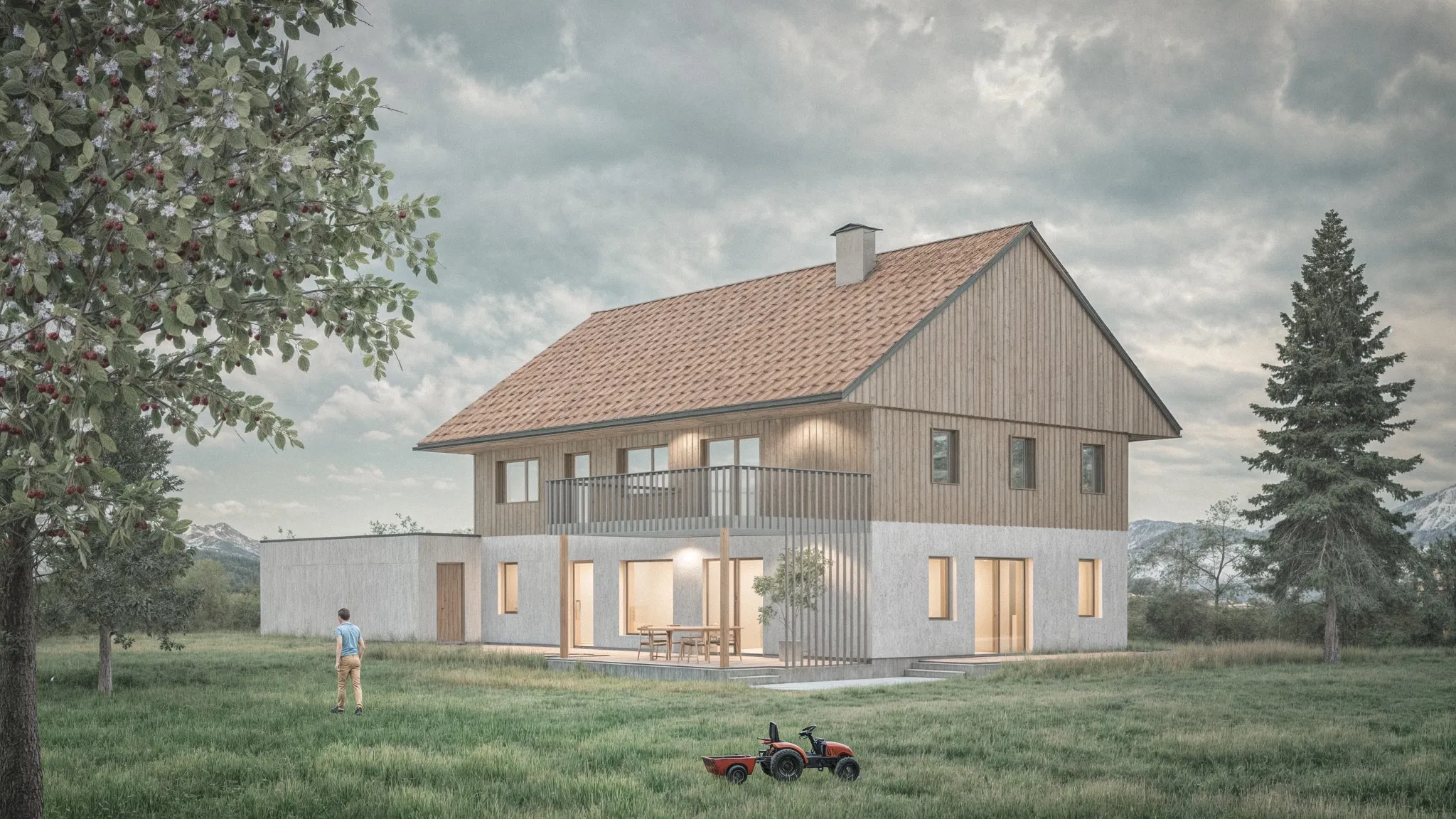Haus mit Satteldach in einer weiten ländlichen Landschaft
